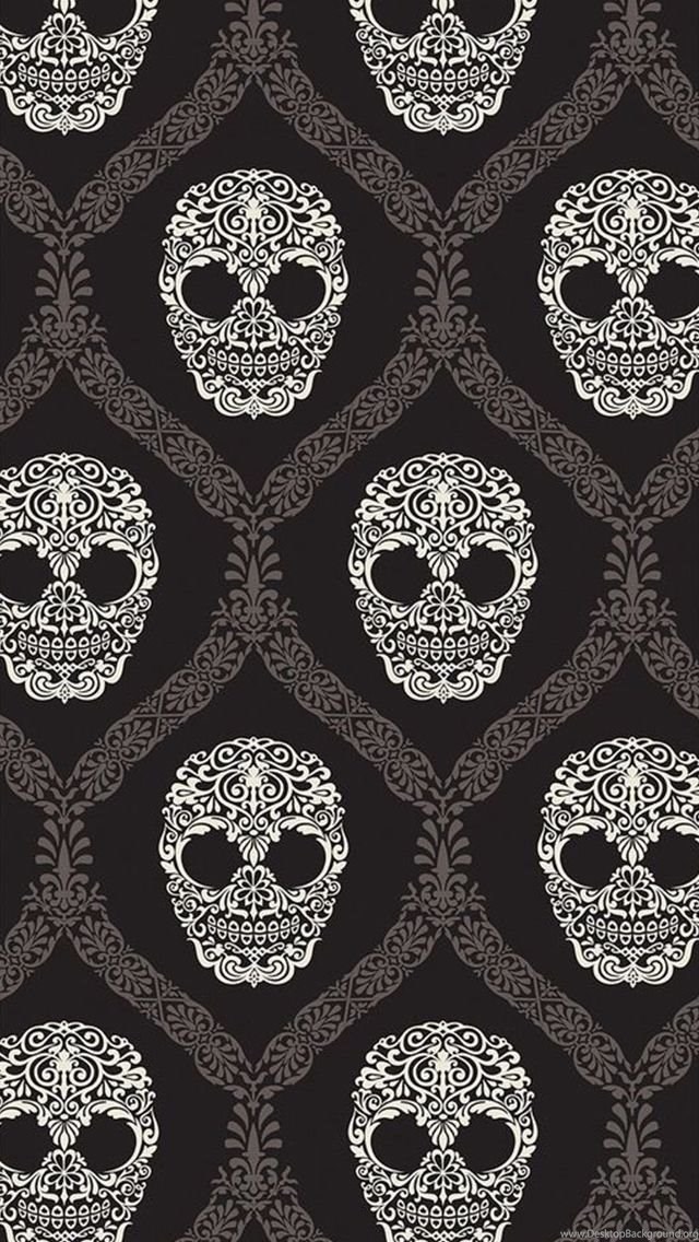 Floral Skulls Pattern Black And White Iphone 5 Wallpapers Desktop Background