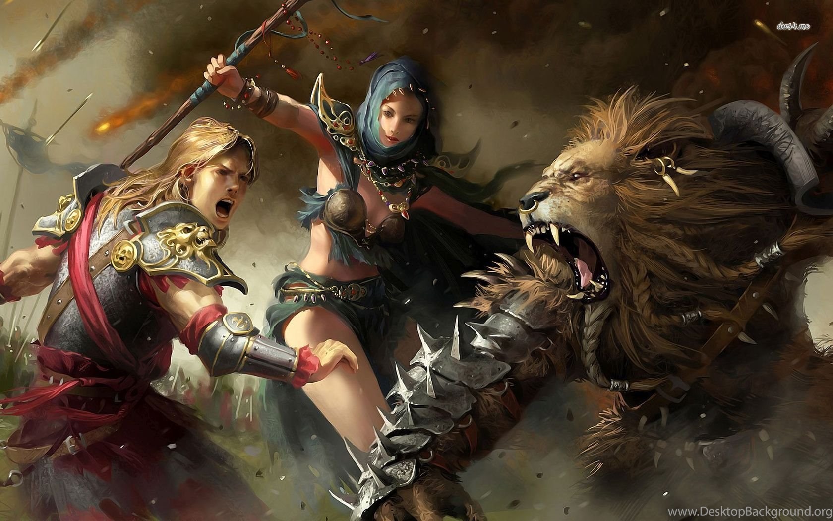 Warriors Fighting With A Lion Warrior Wallpapers Fantasy ...