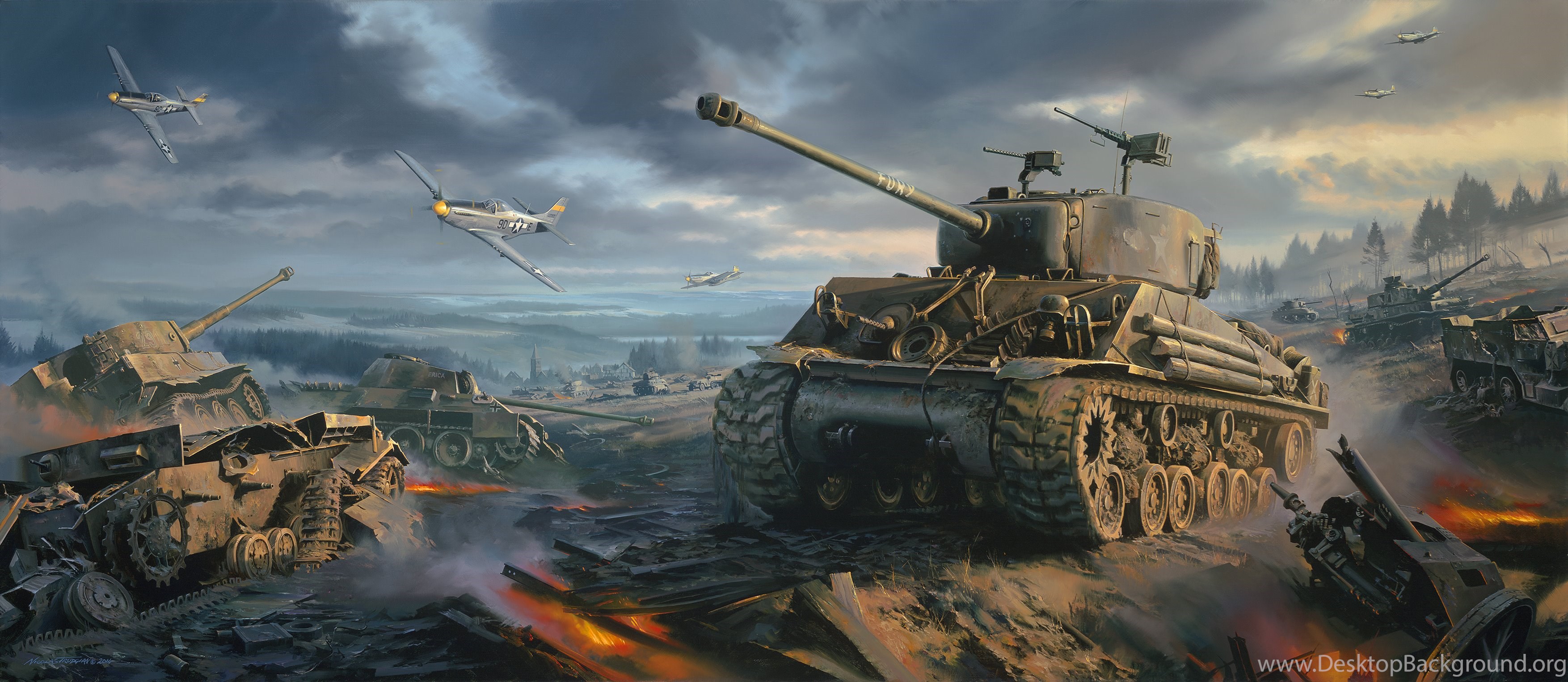 Download Wallpapers Sherman Tank, Ww2, P 51 Mustang, War, Art ...