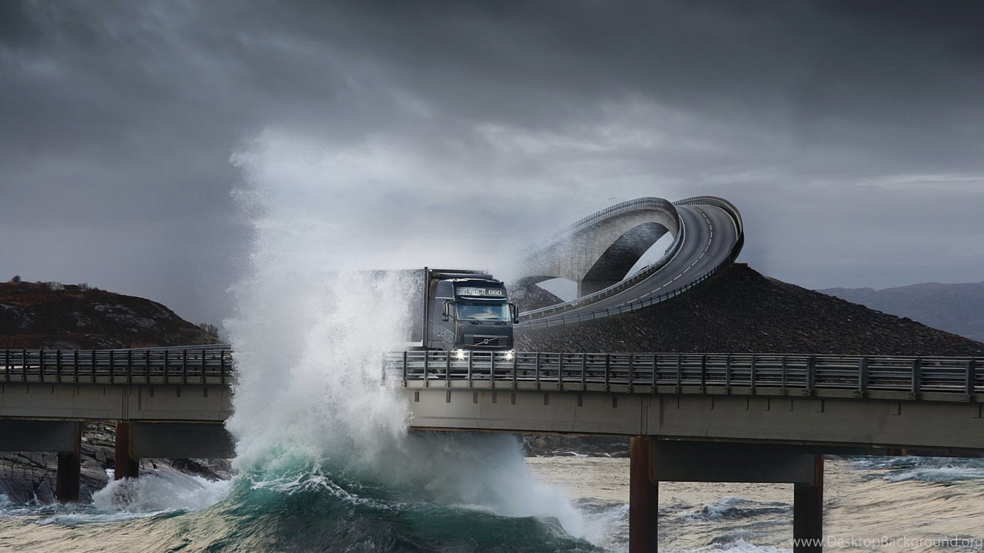 Download Wallpapers 3840x2160 Road Bridge Truck Splashes Sea Desktop Background