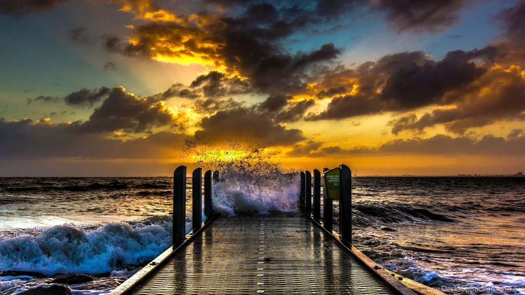 Fishing Pier Rough Sea Sunset Clouds Waves Bridges Full HD 1080p ...