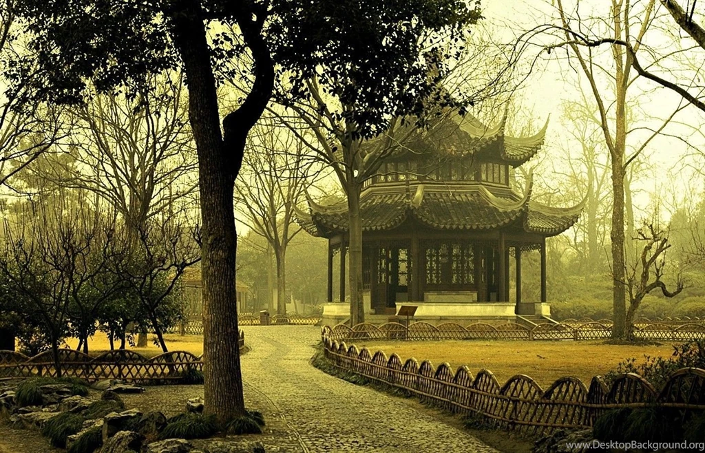 Other: Autumn Morning Pavilion Asian Park Tree Yellow Asia Full HD ...