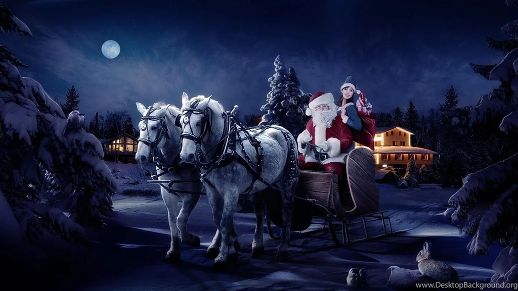 Download Wallpapers 1600x900 Santa Claus, Sleigh, Girl, Horse, Tree ...