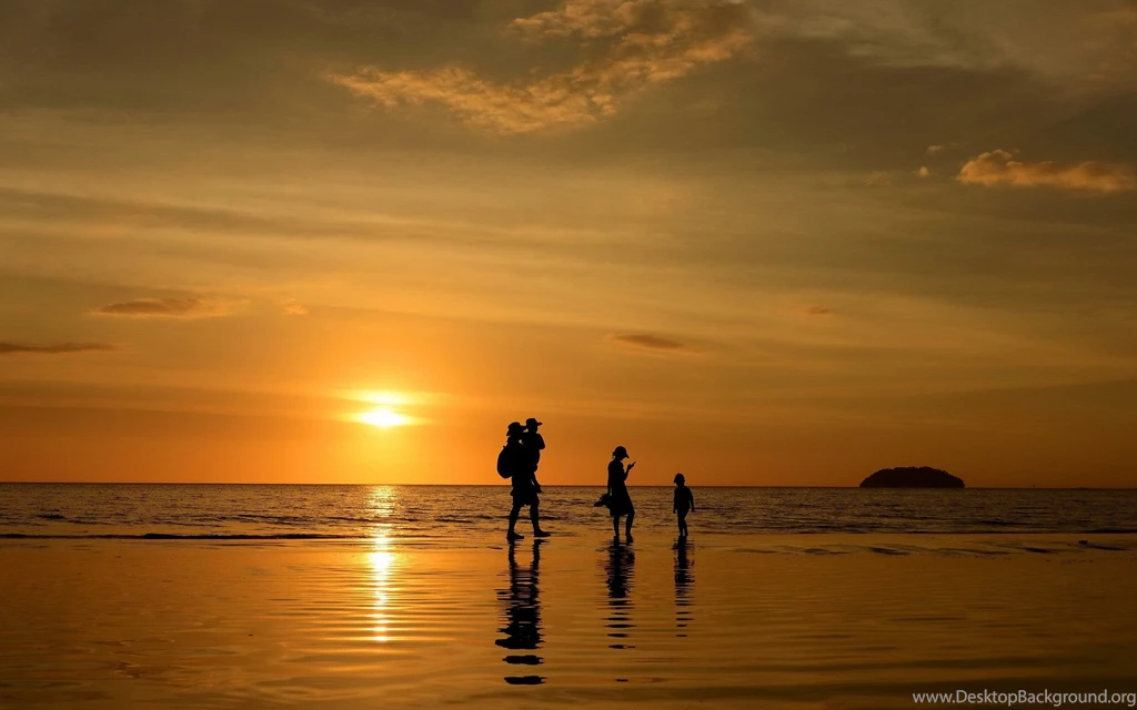 Silhouette Landscape Sunset Family Sea Beach Ocean Reflection ...