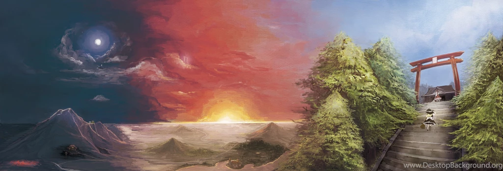 Sunset Video Games Mountains Clouds Landscapes Touhou Sun Trees ...