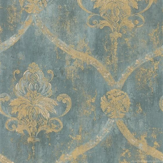 Wallpapers French Faux Aqua Blue Large Damask With Gold