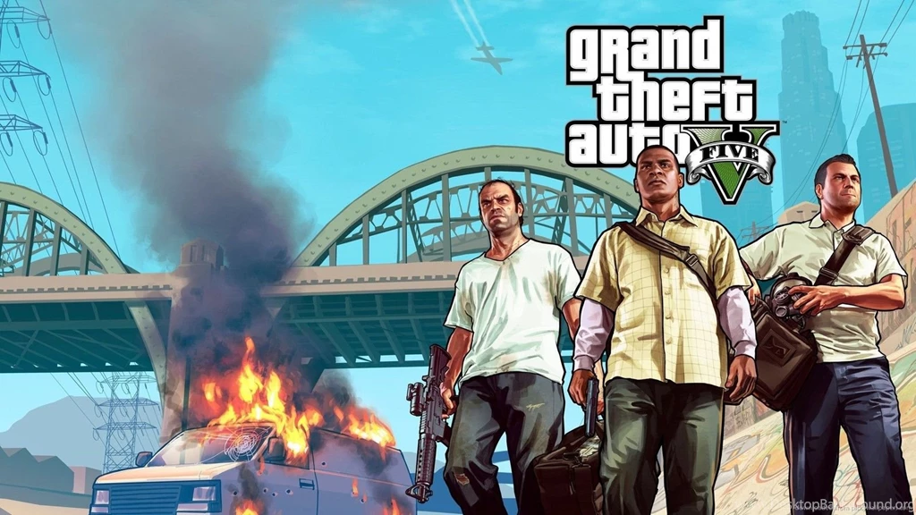 Download 1600x900 GTA 5 Three Guys And A Burning Van Wallpapers