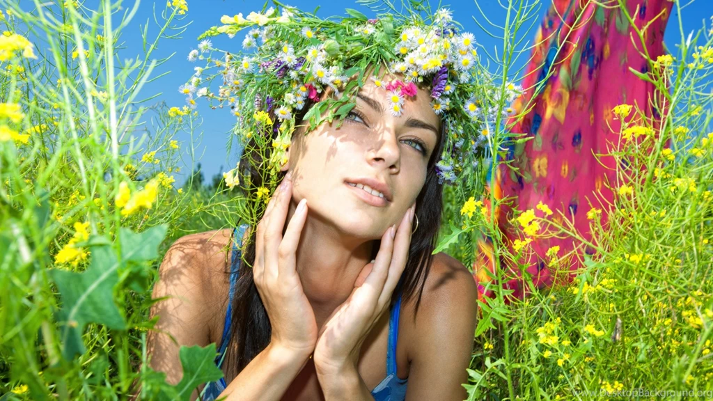 Download Wallpapers 1920x1080 Girl, Wreath, Brunette, Field, Blue ...