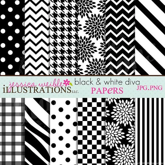 Black & White Diva Cute Digital Papers Backgrounds For Invitations ...