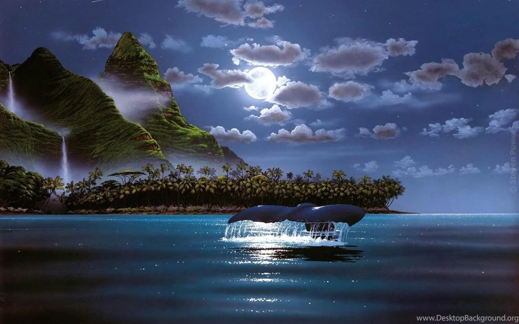WHALE SWIMMING NEAR AN ISLAND FANTASY WALLPAPER (