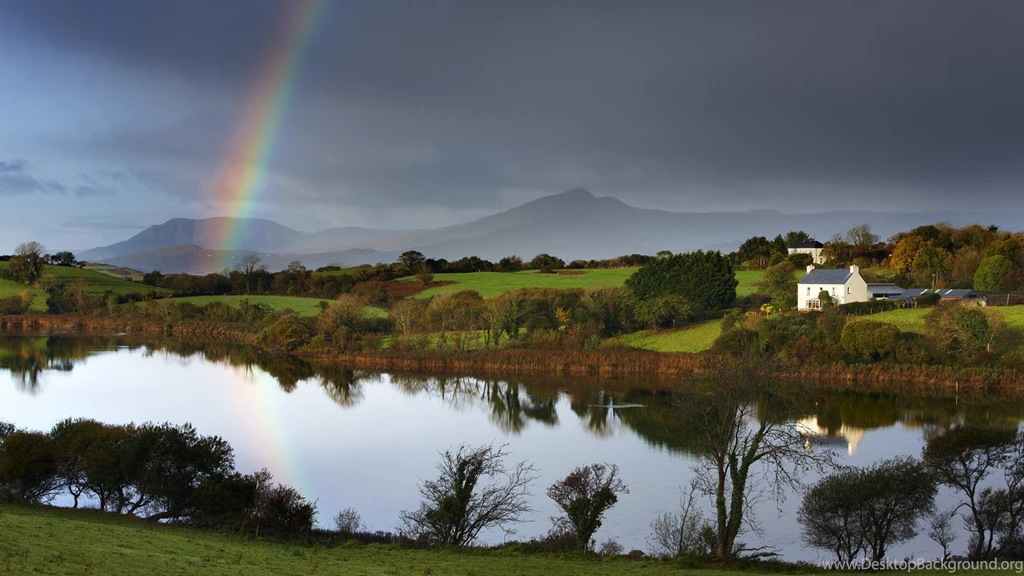 Ireland, Rainbow, Landscape, River, Houses, Hills HD Wallpapers
