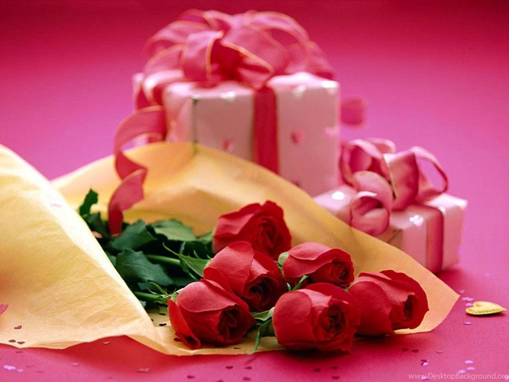 Download Red Roses Pink Gift Box Present Bow HD Wallpapers
