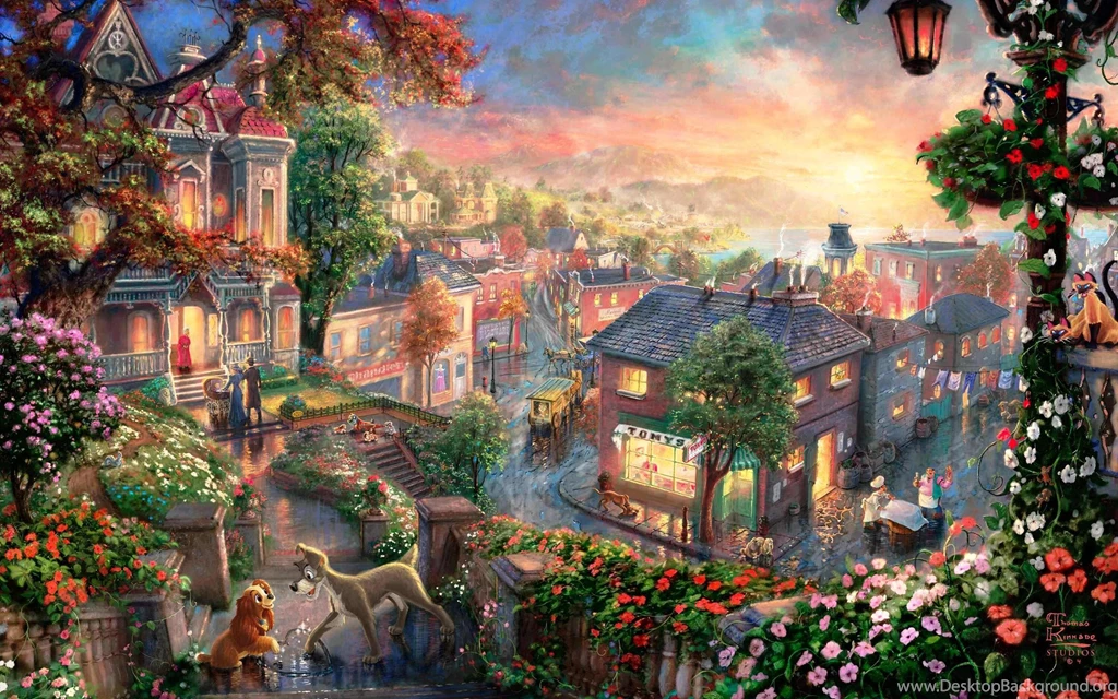 2560x1600 Painting, Lady And The Tramp, Thomas Kinkade, Thomas ...