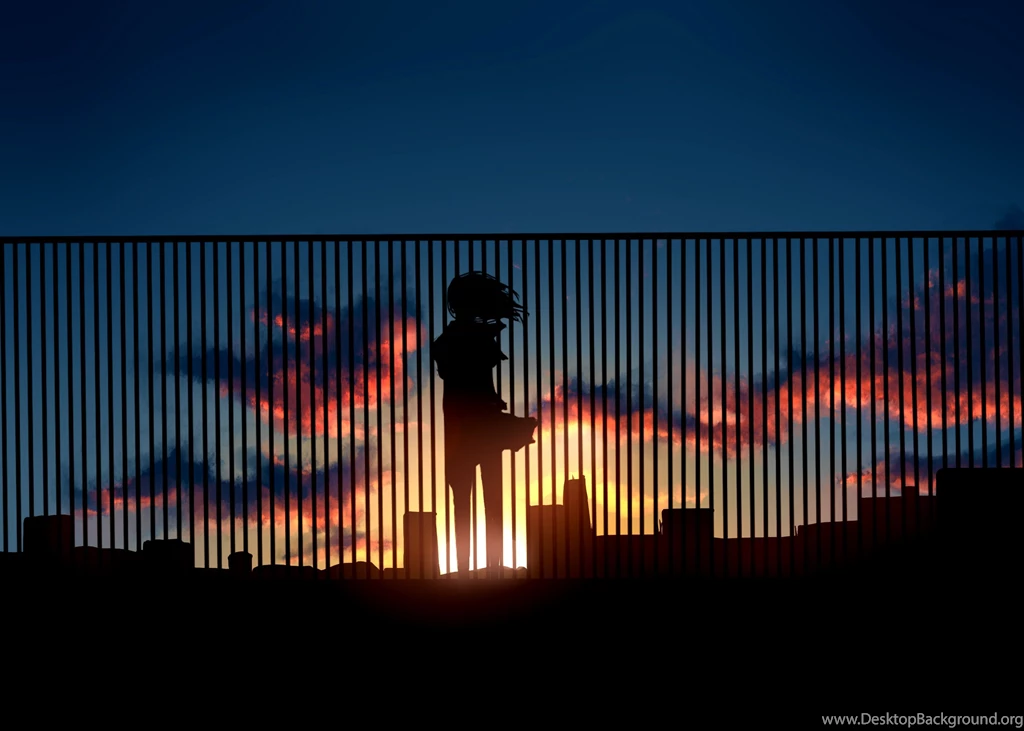 Fence Art Sunset Silhouette Home Clouds Girl Anime Sun Sky ...