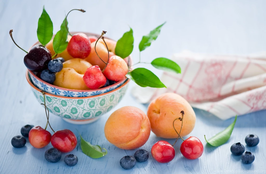 Food, Bowl, Fruit Wallpaper, Hd, Fresh, Peach, Cherries, Blueberries