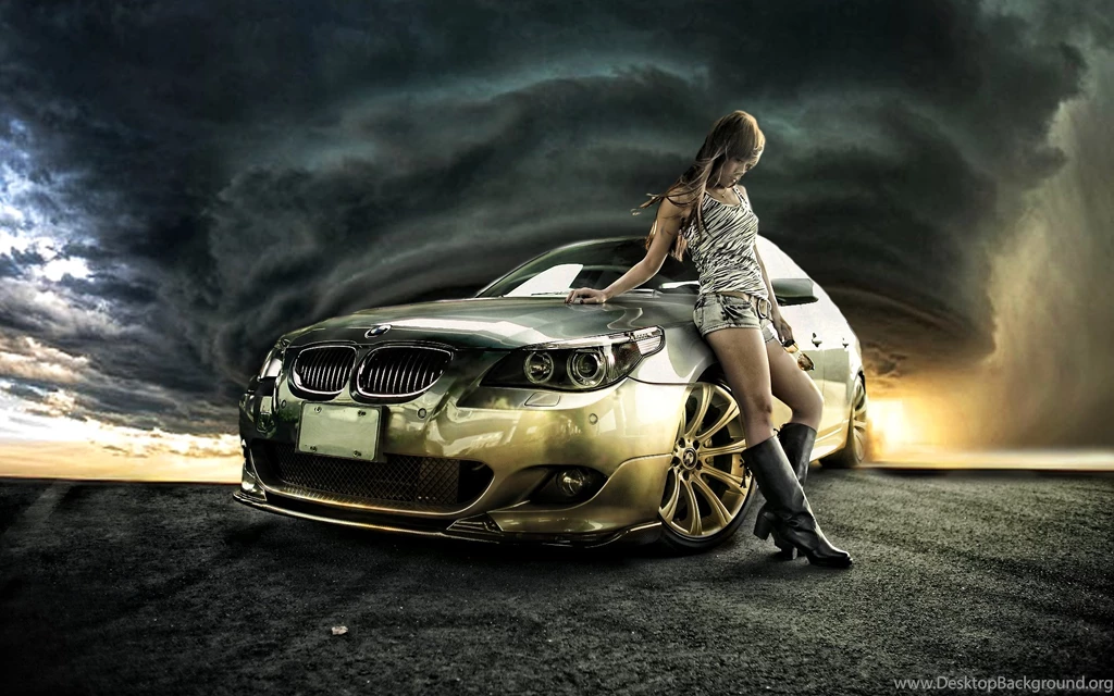 The Girl At The Gold BMW Against The Backdrop Of A Hurricane ...
