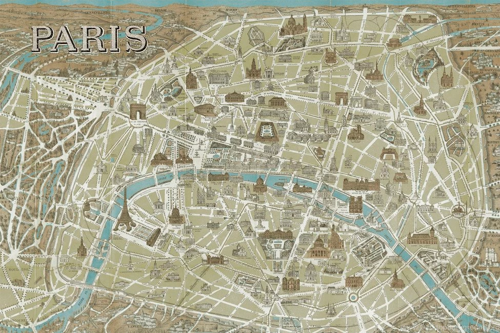 Monuments Of Paris Map Blue Wall Mural & Photo Wallpapers Photowall