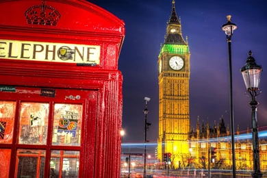 Phone Booth, Big Ben, London, England Widescreen Wallpapers