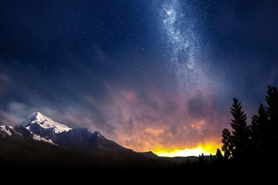 Milky Way Over The Mountains, Tree, Sun, Sky, Star, Digital art ...