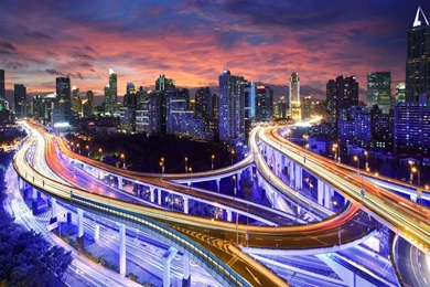 City Night Light Highway Road Endurance Skyscrapers Buildings ...