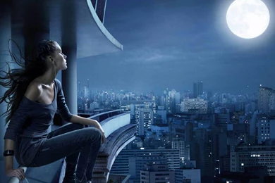 Girl On Balcony Looking At The Moon 3840x2160 4K 16/9 (Ultra ...