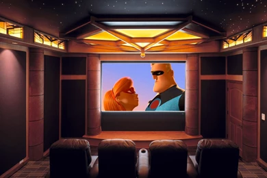 Living Room. Lcd Tv On Grey Wall Connected By Brown Fabric Seat On ...