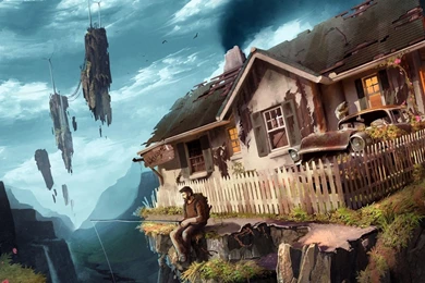 Houses Men Rocks Fantasy Art Fishing Wallpapers