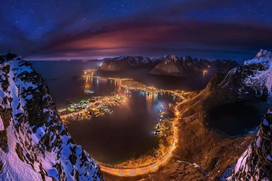 Cityscape, Starry Night, Lofoten, Norway, Mountain, Sea, Lights ...