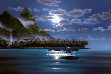 WHALE SWIMMING NEAR AN ISLAND FANTASY WALLPAPER (