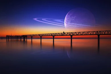 Water Sunrise Blue Ocean Planets Orange Bridge Wallpapers (