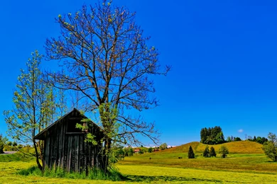 Countryside Trees Spring Sunny Sky Blue House Huts Fields Hills ...