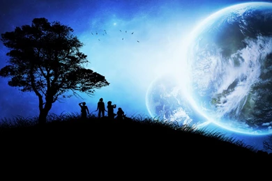 Download Wallpapers 3840x2400 Children, Tree, Silhouettes, Planets ...