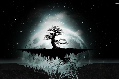 Tree Silhouette On The Floating Island, Star, Night, Moon, Digital ...