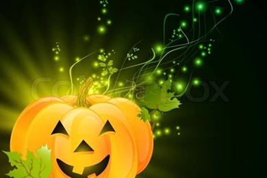 Halloween Pumpkin With Green Leaves Over Dark Magic Backgrounds ...